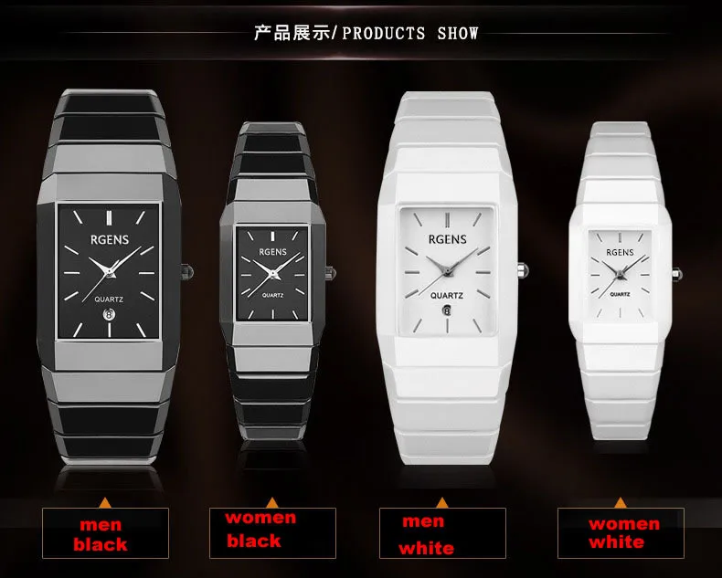 Деловые женские мужские наручные часы керамические черные белые квадратные Кварцевые женские мужские часы водонепроницаемые часы с календарем RGENS бренд