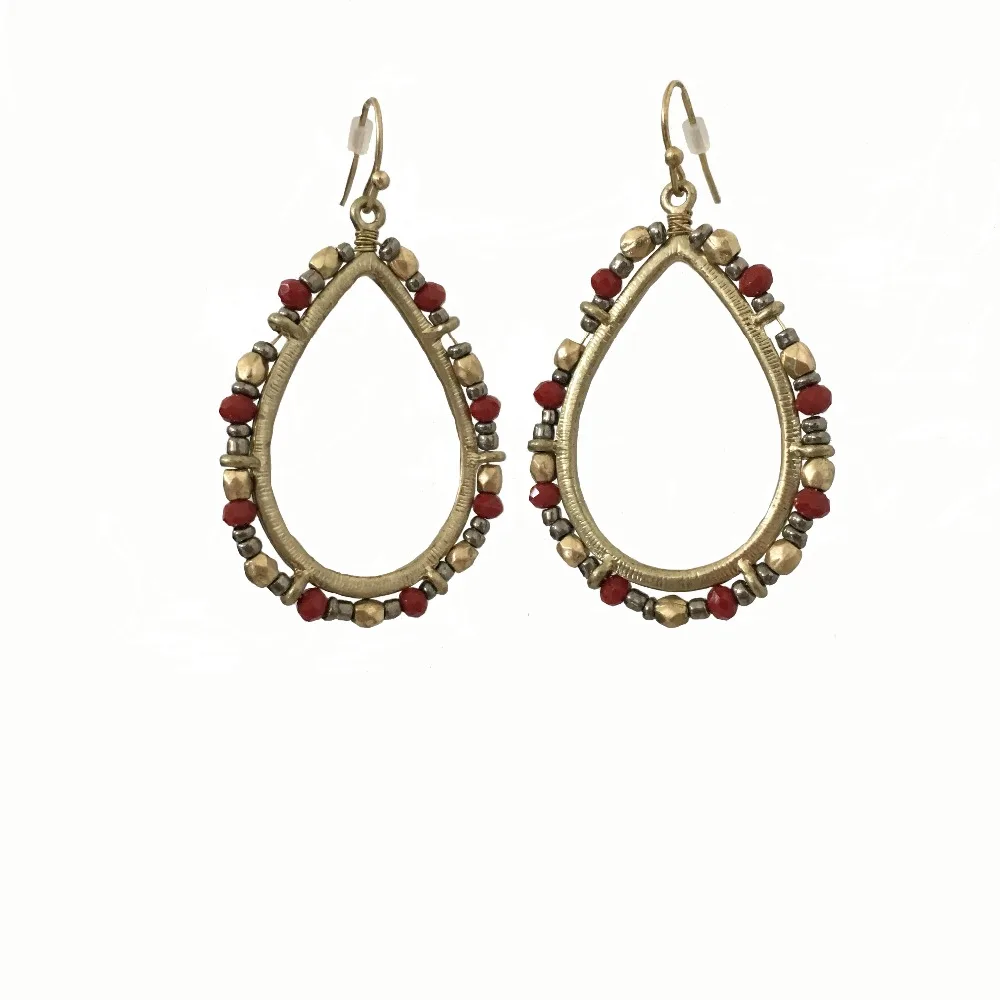 

FASHION JEWELRY ANTIQUE GOLD COLOR BURGUNDY STRAND BEAD DROP EARRINGS FOR WOMEN GIRL
