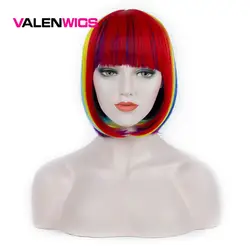 Valenwigs синтетические парики для Для женщин красочные Радуга прямые волосы средней части боб парик Теплоизоляционный поддельные Косплэй