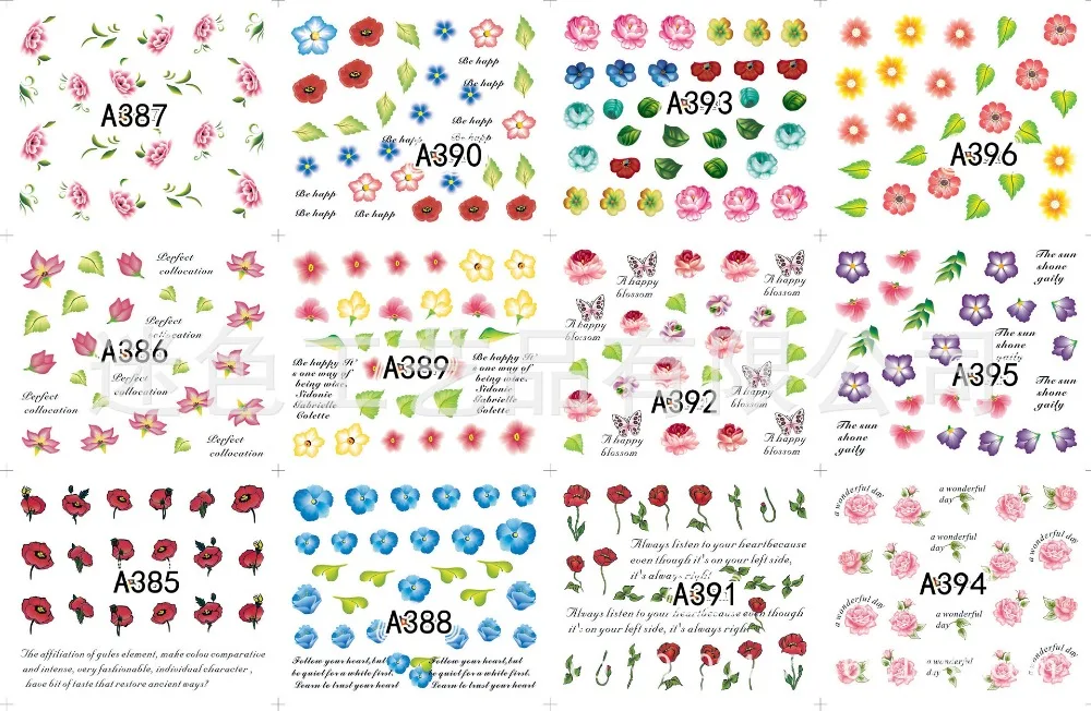 

2pcs 12 Design in 1 Set Flowers Logo Water Transfers Nail Sticker Decals DIY Nail Art Tips Decoration Tools A385-A480