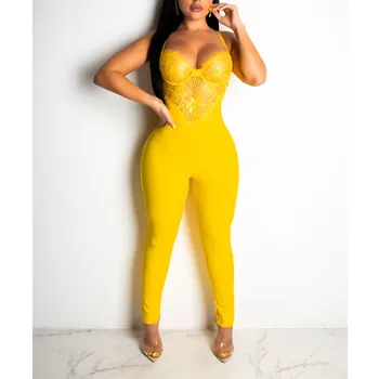 

Sexy Lace Patchwork Jumpsuit Women Skinny Full Length Playsuit Spaghetti Strap Overalls