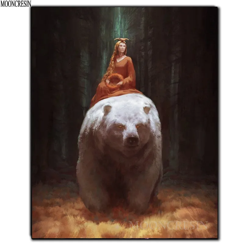 

5D Diy Diamond Painting Cross Stitch Woman Riding White Bear Needlework 3D Diamond Embroidery Full Round Mosaic Decoration Resin