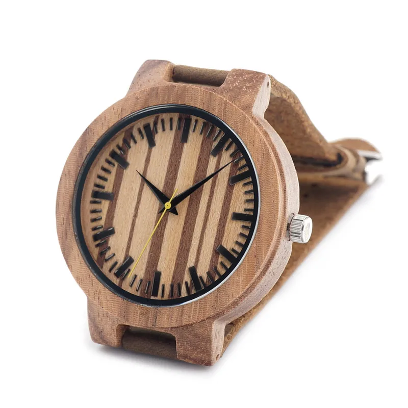 BOBO BIRD Mens Zebra Wood Wristwatch Japan 2035 Movement Quartz Watch with Brown Leather Band Relogio Masculino Mujer V-C18