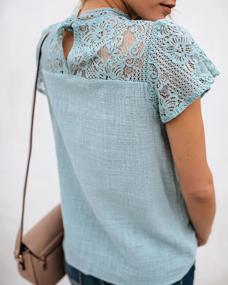 Gladiolus Lace Summer T Shirt Women Short Sleeve O-Neck Geometric Pattern T-Shirt Women Tops 2019 Spring Ladies Lace Tshirts (20)