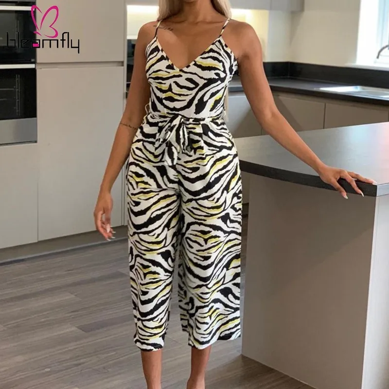 

Women Sexy Spaghetti Strap Printed Jumpsuit Rompers Backless Wide Leg Overalls Summer Beachwear Vintage One Piece Jumpsuits