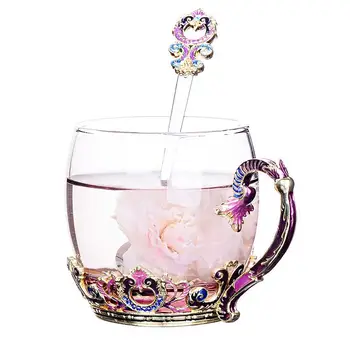 

European Glass Cups Coffee Cup Romantic Elegant Flower Glass Cups With Spoon Cup Home Milk Drinkware For Christmas Gifts