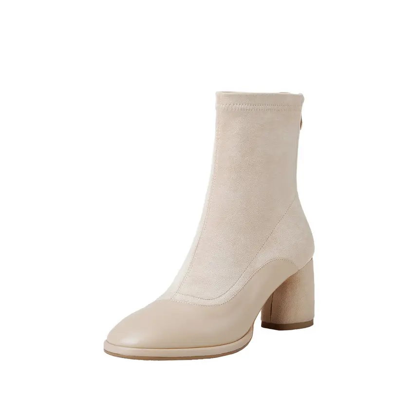 QUTAA/; Лоскутные ботильоны из телячьей кожи с эластичной тканью; модная зимняя женская обувь с круглым носком на высоком квадратном каблуке; размеры 34-39