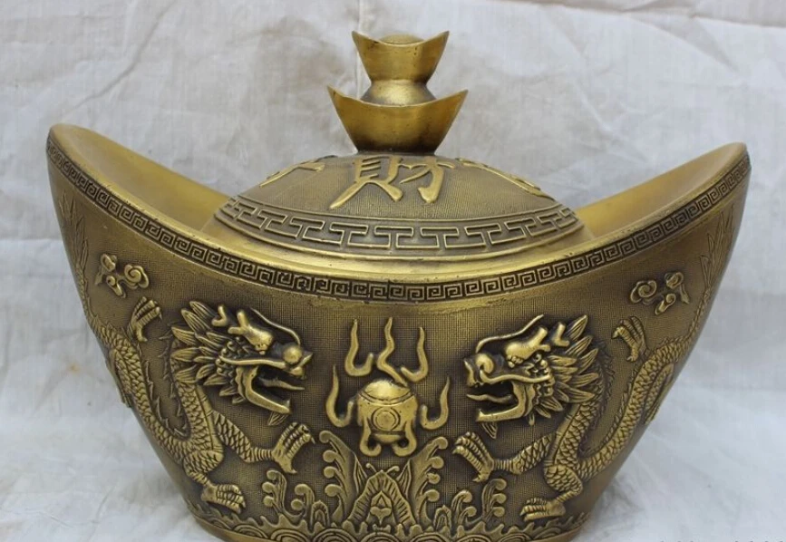 

10" Chinese Bronze Dragon Phoenix Statue Wealth YuanBao Incense Burner Censer