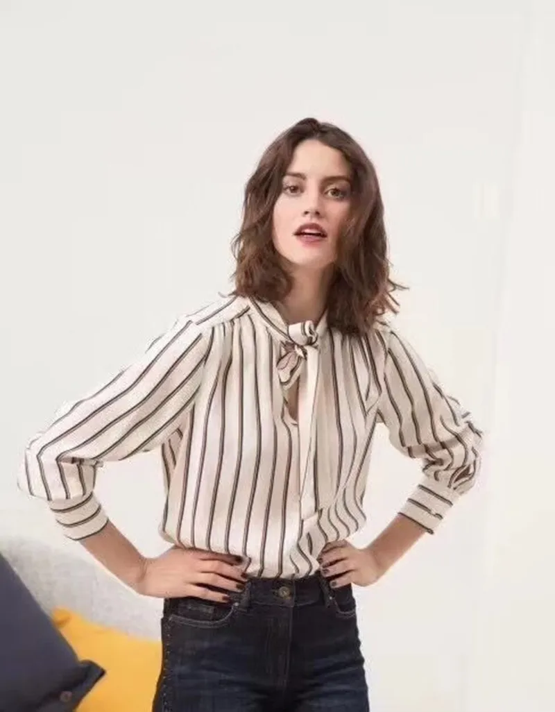 

100% Silk Satin Striped Long Sleeve Shirt Tie Bow Neck Soft Office Lady Blouse Top