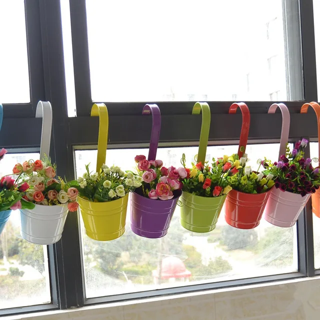 1PC Hanging Flower Pots Garden Pots Balcony Planters Metal Iron Bucket