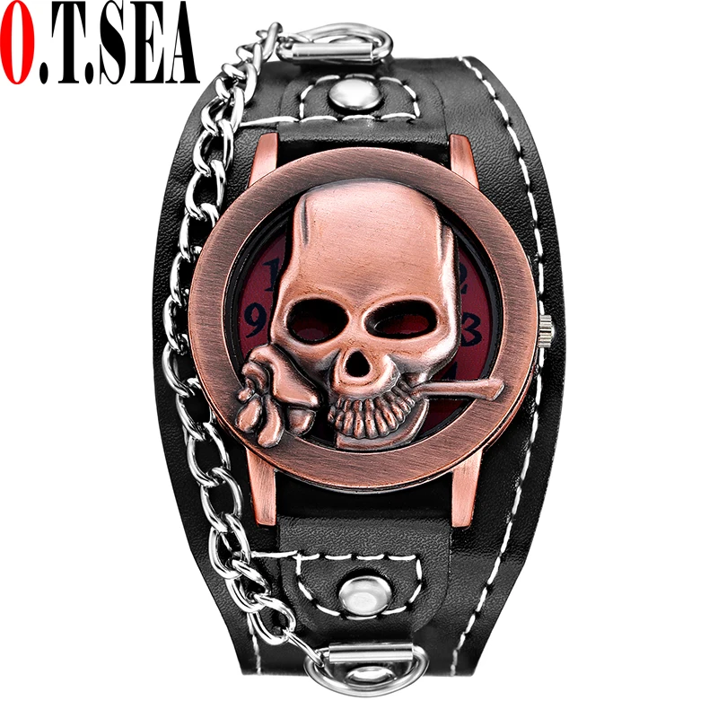 

New O.T.SEA Brand Copper Unique Skull Quartz Punk Watches Luxury Leather Sports Watch Relogio Masculino 1831-5