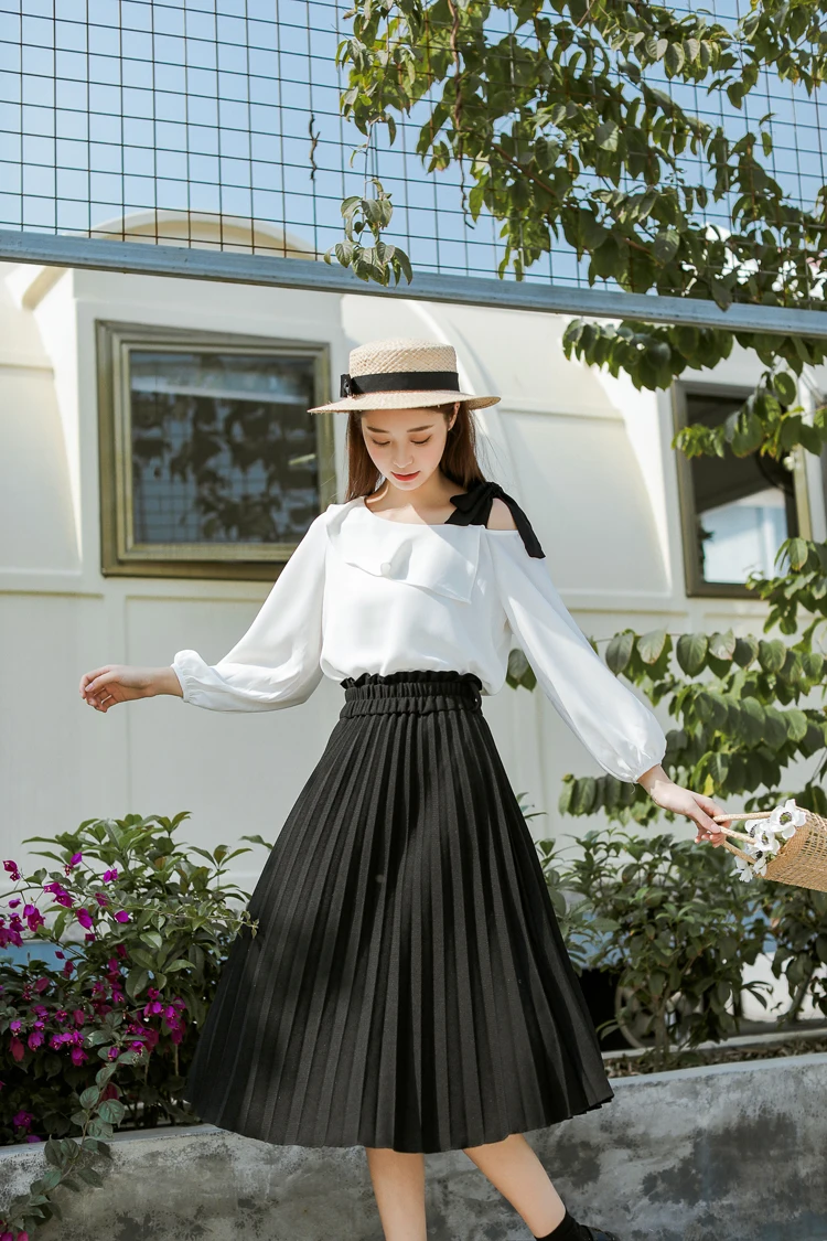 Casual Pleated Summer Skirt Chic Vintage Black Elastic Waistband A