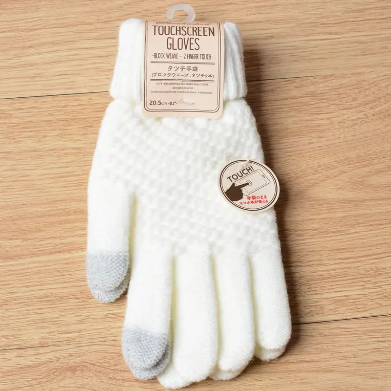 Женские и мужские теплые зимние перчатки для сенсорного экрана, тянущиеся вязанные варежки, шерстяные перчатки на весь палец, женские вязаные перчатки - Цвет: Белый