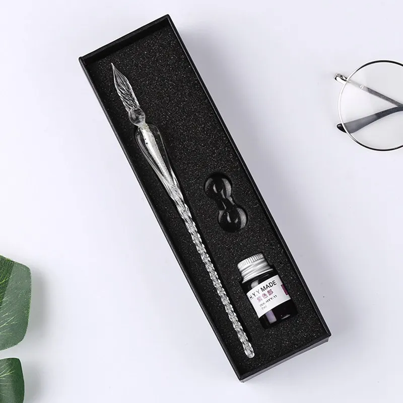 Vintage Crystal Glass Dip Pen Set Non-carbon Gold Ink Fountain Signature Calligraphy Pen Writing Tools Stationery Gift