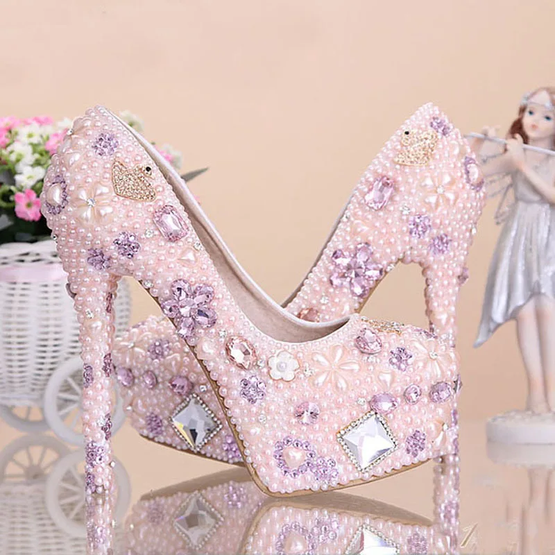 De Perle Heels Rose 12cm Magnifique Haute Mariée Talon Cristal Pink 14cm Heels En Discothèque Chaussures pink Mariage Imitation Robe 0wdqf0