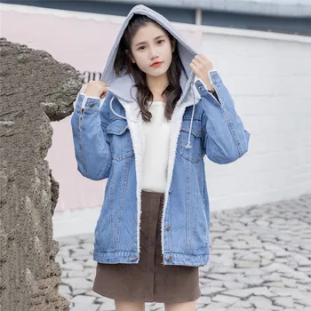 

2019 Denim cotton Jacket Women Loose Wild Fake Two-Piece Single-Breasted Outwear Autumn Winter Hooded Denim Coats Female JIA374