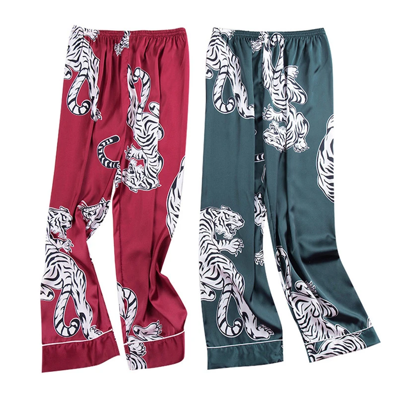 plus size pajama pants Men Sleep Bottoms New Fashion Simulation Tiger Printing Silk Lingerie Men Animal Print Long Sleep Pants mens cotton pjs