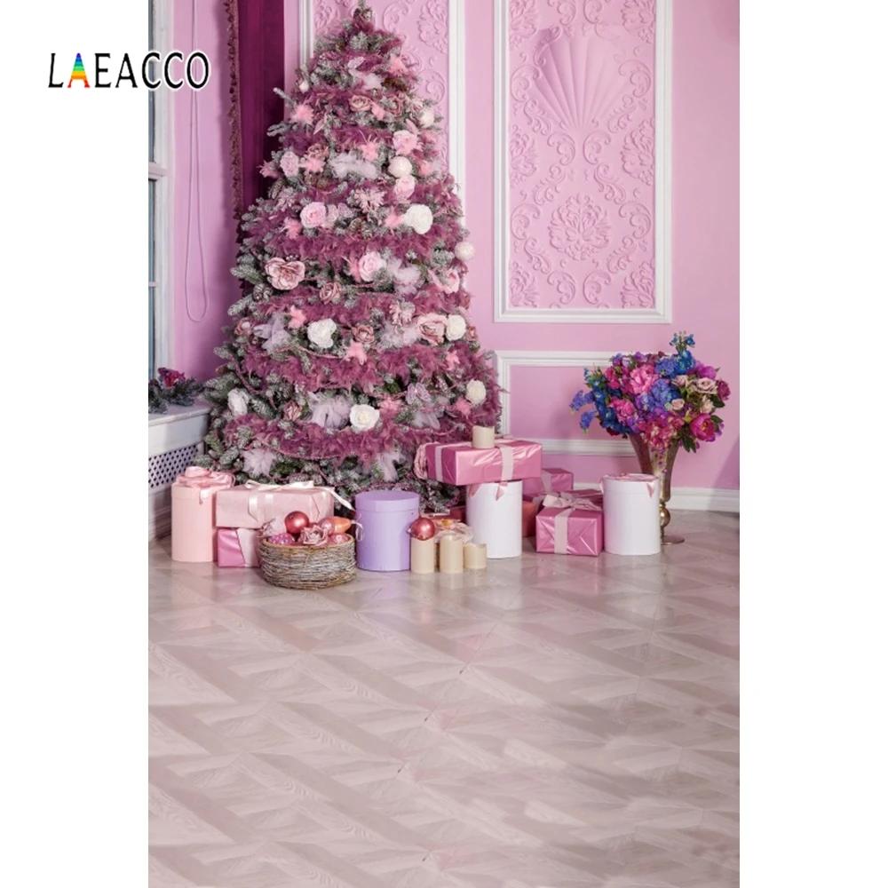 

Laeacco Christmas Tree Pink House Gifts Wooden Floor Photographic Backgrounds Customized Photography Backdrops For Photo Studio