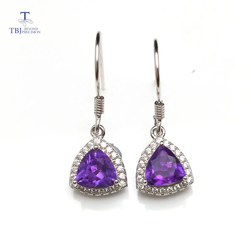 

TBJ, mignon earring with natural amethyst triangle 6mm 2ct earrings in 925 sterling silver gemstone earrings for girls as a gift