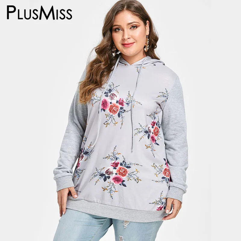 

PlusMiss Plus Size 5XL-L Floral Flower Printed Drawstring Long Hoodies Oversized Sweatshirts Women Big Size Loose Hooded Female