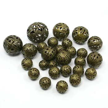 

170pcs/100g Mixed Iron Filigree Hollow Round Beads For DIY Jewelry Necklaces Bracelets Making Antique Bronze Golden 6~16mm