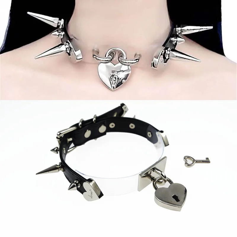 

Cute Lolita Spikes Studs Handmade Leather Patchwork Collar Safe heart Lockable KEY Choker Necklace