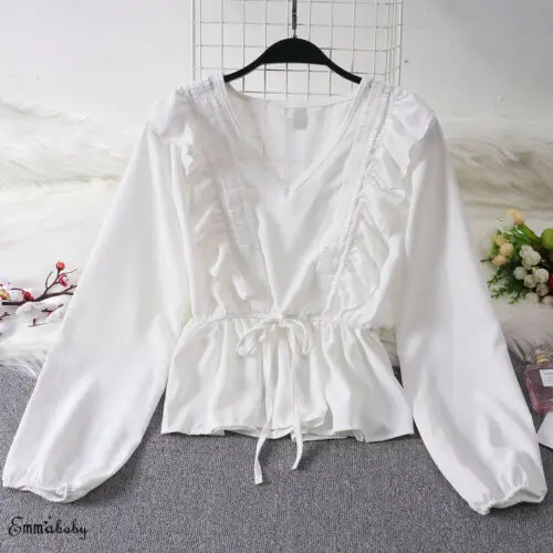 

Women V Neck Ladies Fashion Kawaii Ruffle Tie Chiffon Summer Casual Loose Tops Blouse Sweet Style