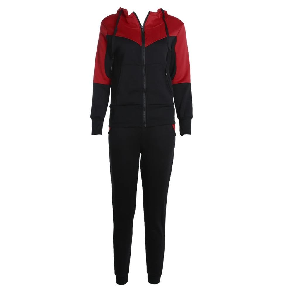 Для женщин 2 шт. спортивный костюм осенние толстовки Свободные Лоскутная Толстовка брюки костюм черный + красный S-XL Для женщин тренировки
