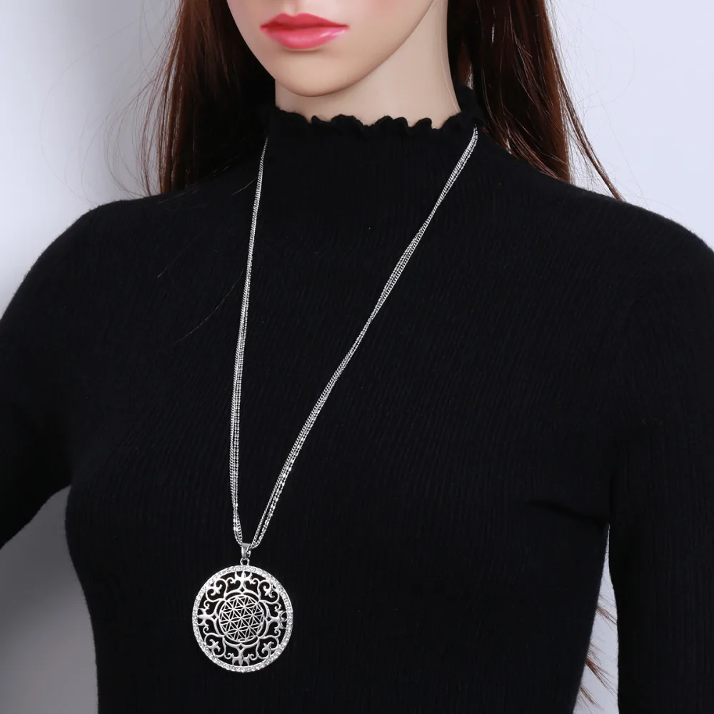 

Flower Of Life Yoga Necklace Sacred Geometry Boho Jewelry Hollow Round Crystal Pendant Long Necklace Sweater Chain