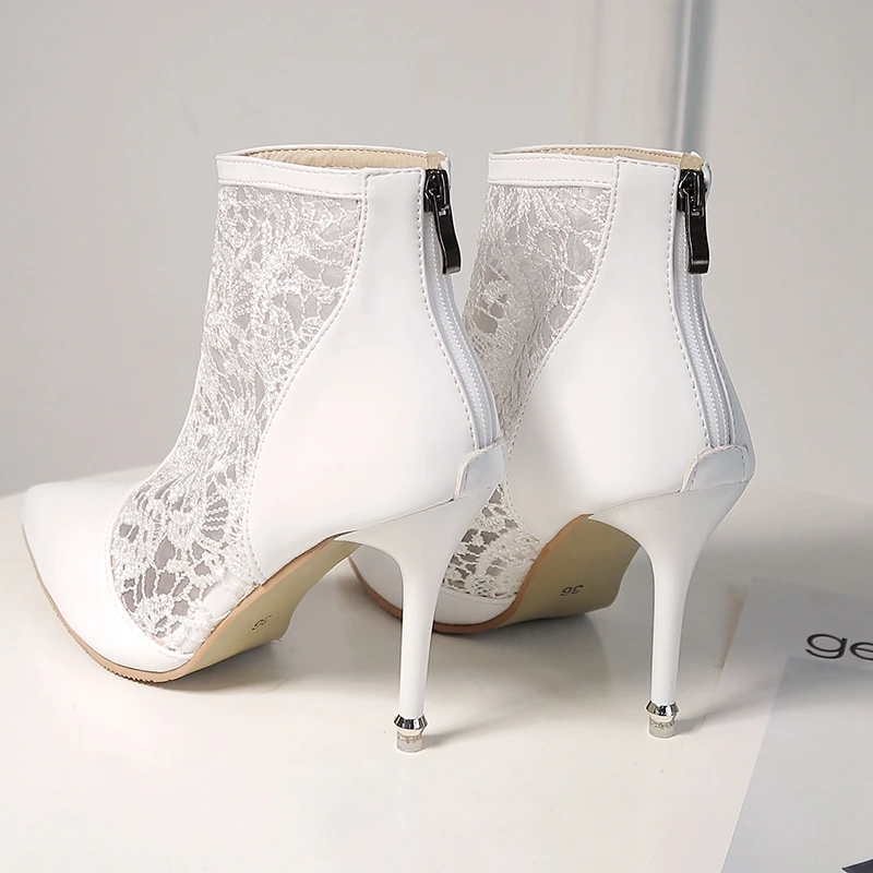 SIMLOVEYO Women's ankle boots Spring summer boots Pointed toe Zipper Thin heel Lace Flower Black White Plus size 32-47 Hot B1251