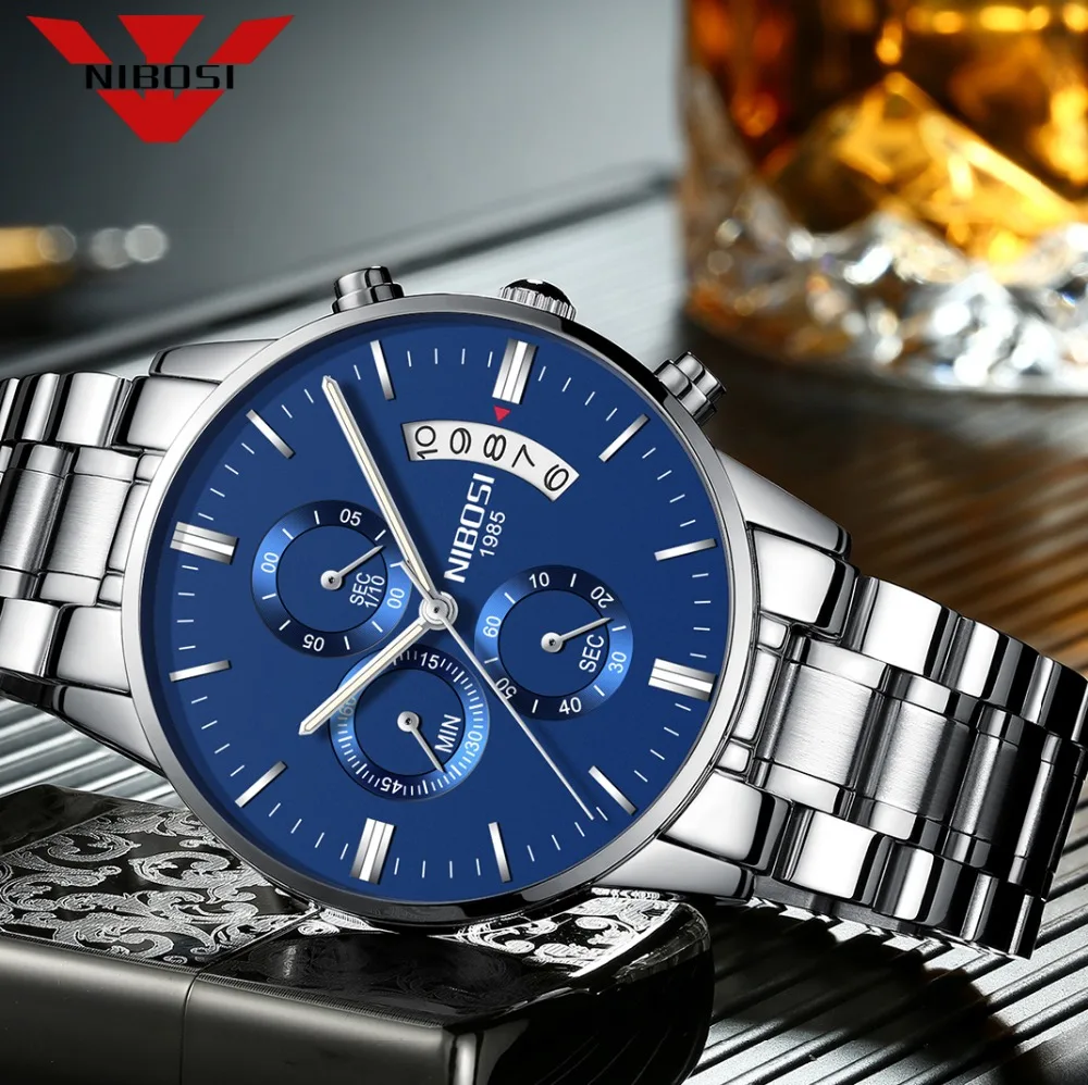 NIBOSI роскошные часы Для мужчин наручные спортивные водонепроницаемые часы моды часы Серебряный Синий Кварцевые наручные часы
