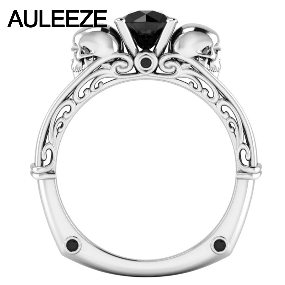 Halloween Double Skull Natural Black Agate Engagement Ring Solid 10K Yellow Gold Real Gemstone Ring Vintage Filigree Onxy Ring