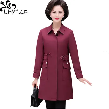

UHYTGF Women loose 5XL plus size outerwear Temperament female spring autumn top Windbreaker coat fashion Elegant ladies coat 208