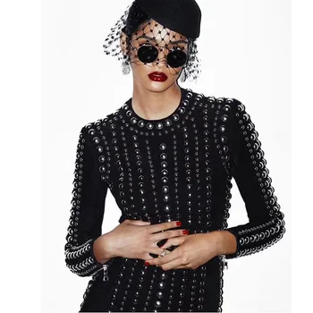 

hot sale fashion dress sexy women full o-neck rivet bandage vintage night club celebrity body con party dresses wholesale