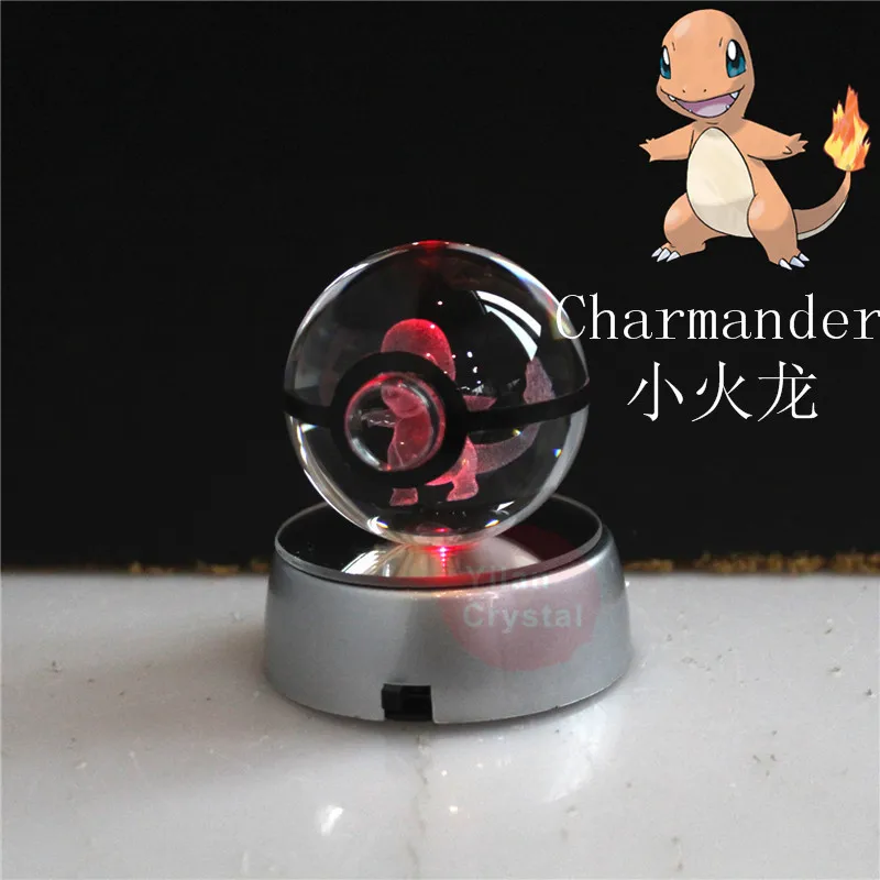 

3D Laser Pokemon Ball Engraving Charmander Round Crystal With Black Line Nice Fashion Ball 50*50mm With LED Base 80*80mm Gift