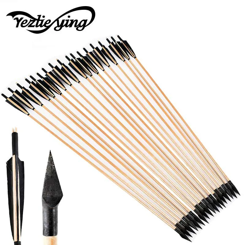 

Hunting 12 Pcs 33 inches Handmade Natural Wooden Arrows with Black Turkey Feather and Iron Arrowhead for Bow Archery Shooting