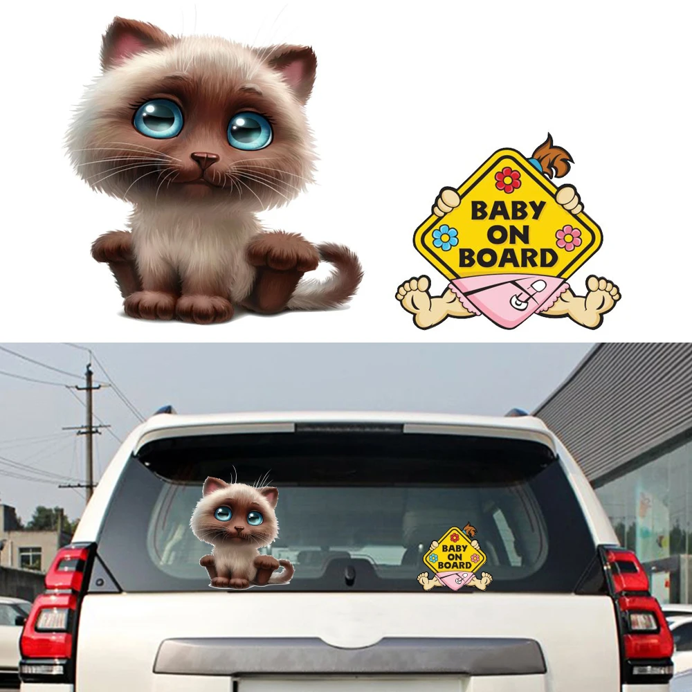 

1pcs Baby On Board Car Stickers and Decals + 1pcs Cute Cat Rear Window Sticker Cartoon Auto Door Vinyl Car Accessories