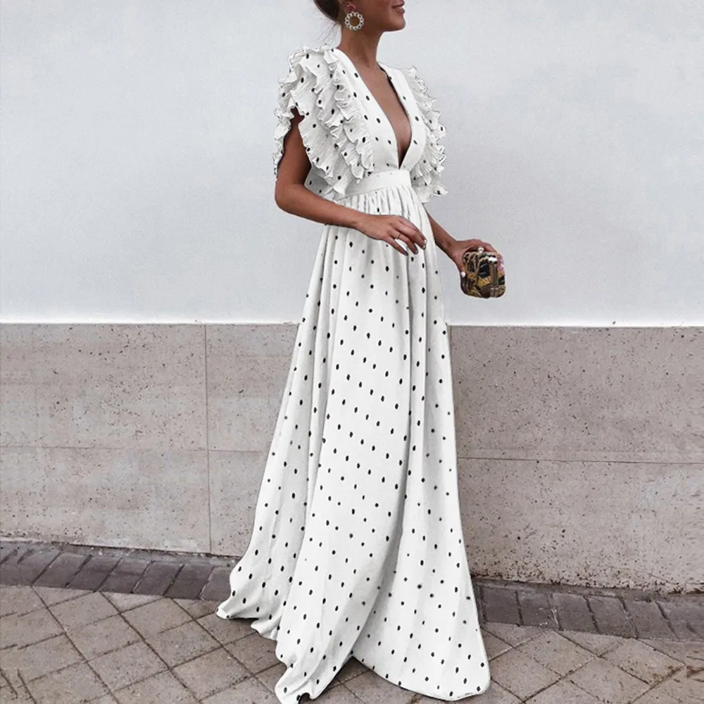 

Polka Dot Dress Women Plus Size Fly Sleeve Back Hollow V-Neck Long Party Dress Winter Women Dresses Long Sleeve Boho vestidos