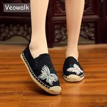Veowalk/женские парусиновые Эспадрильи с вышитой бабочкой; обувь на плоской подошве без шнуровки; женская Повседневная Удобная хлопковая обувь для вождения с вышивкой