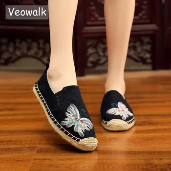 

Veowalk Butterfly Embroidered Women Canvas Espadrilles Flats Slip-on Ladies Casual Comfort Cotton Embroidery Driving Shoes