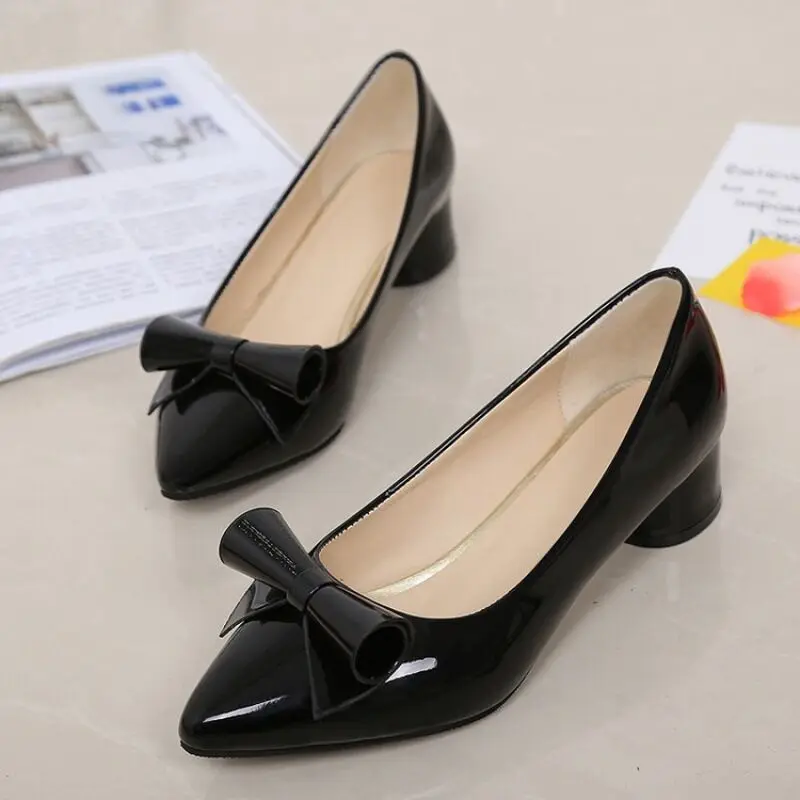 High Heels for Women Square Heel Bow Pointed Toe Black Leather Shoes Ladies Low Heels Office Shoes