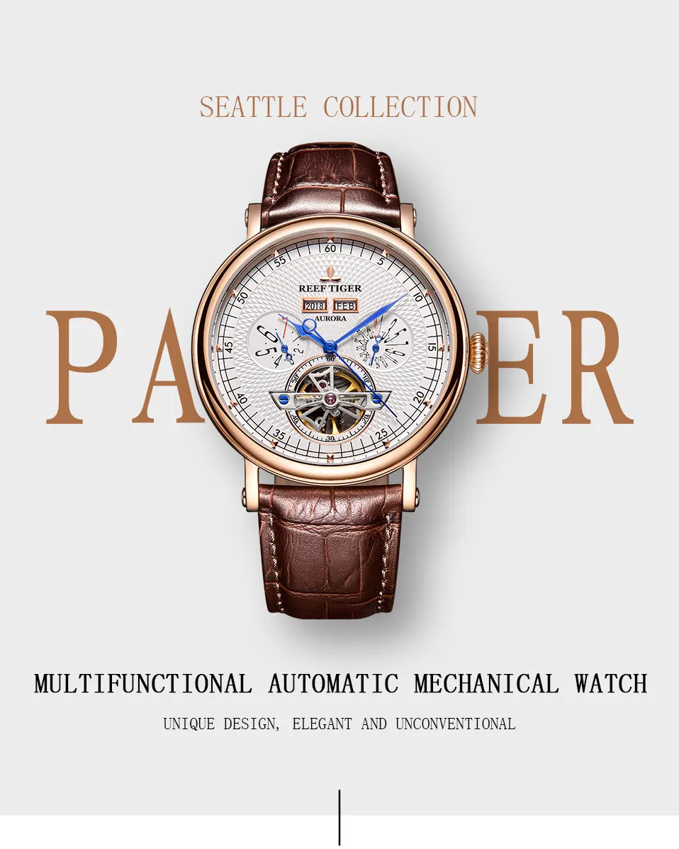 Reef Tiger/RT лучший бренд класса люкс Tourbillon часы для мужчин функциональный коричневый кожаный ремешок автоматические часы Relogio Masculino RGA1903