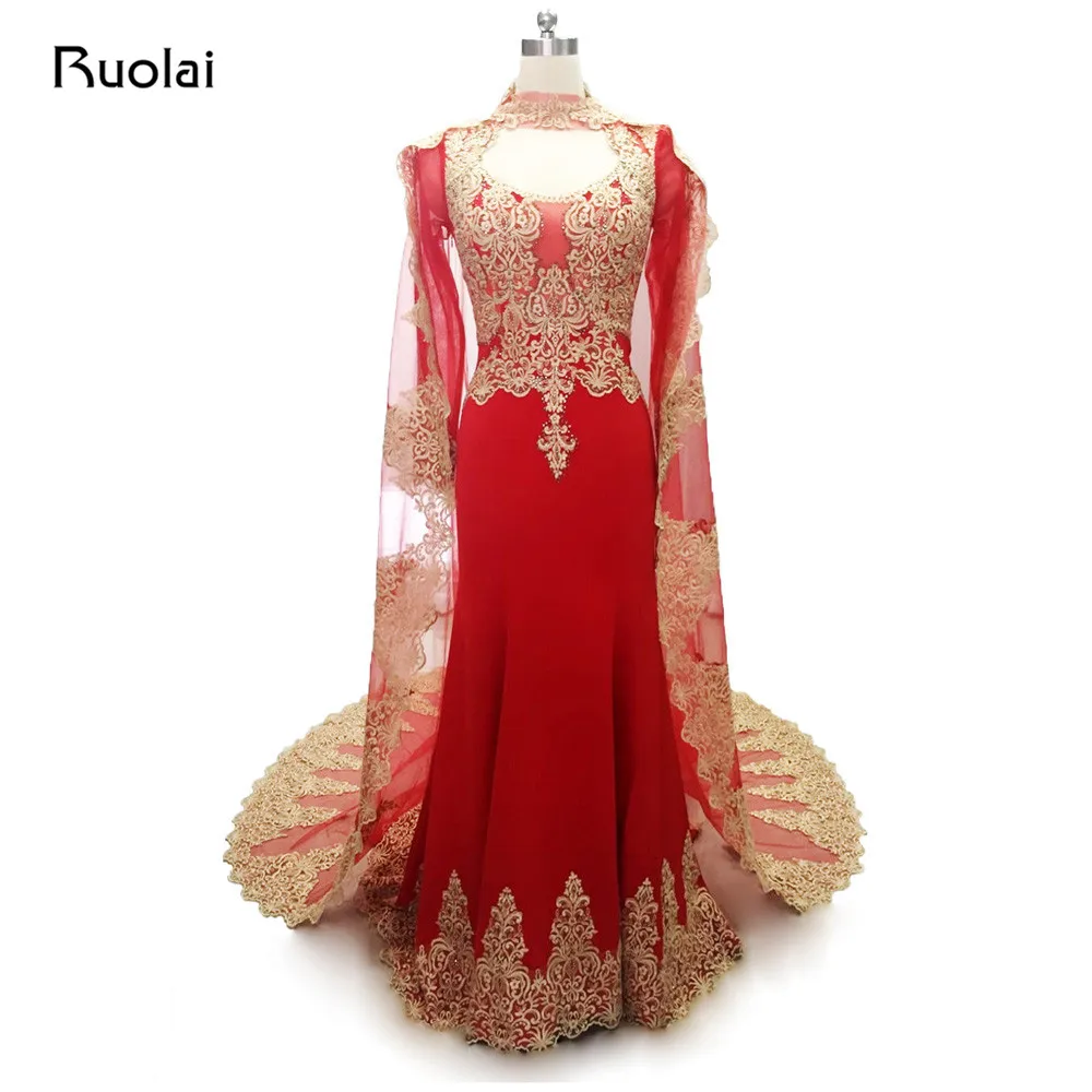 

Real Image Dubai Arabic Mermaid Evening Dresses 2019 with Cape Gold Appliques Tulle Long Sleeves Red Prom Dresses Long ED19