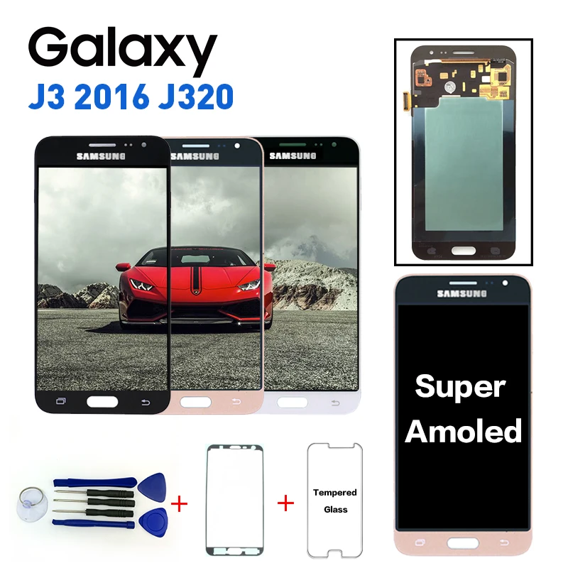 Дешево Супер Amoled ЖК дисплей для samsung Galaxy J3 2016 J320 J320A J320F J320P J320M J320FN ЖК дисплей сенсорный дигитайзер с наклейкой + Инструменты