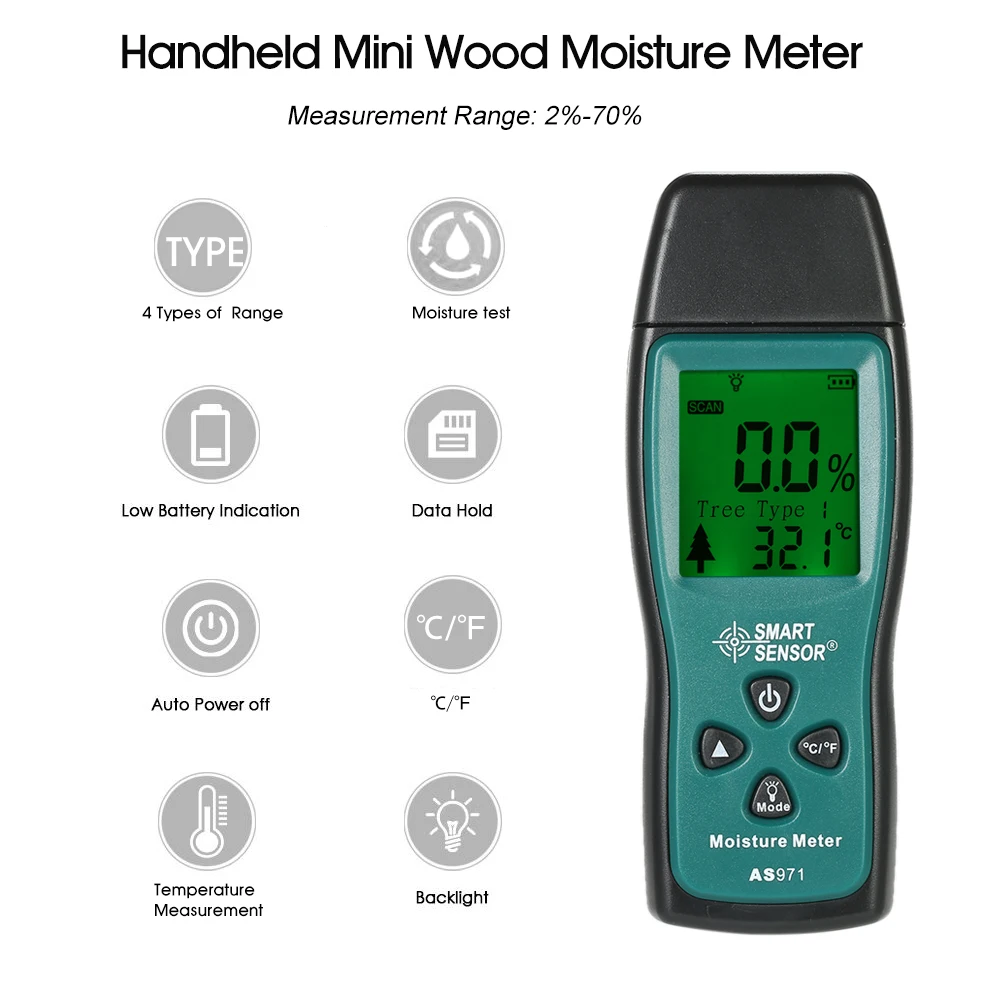 Handheld Two Pins Digital Wood Moisture Meter Wood Humidity Tester Timber Damp Detector with LCD Display Probe Range 2%~70%