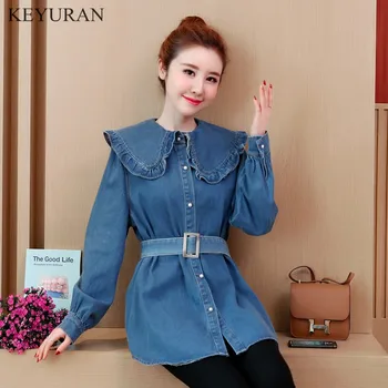 

Plus Size 5XL Fashion Frilled Peter Pan Collar Long Sleeve Denim Shirt Women Adjustable Waist Camisa Jeans Tops Feminina Blouses