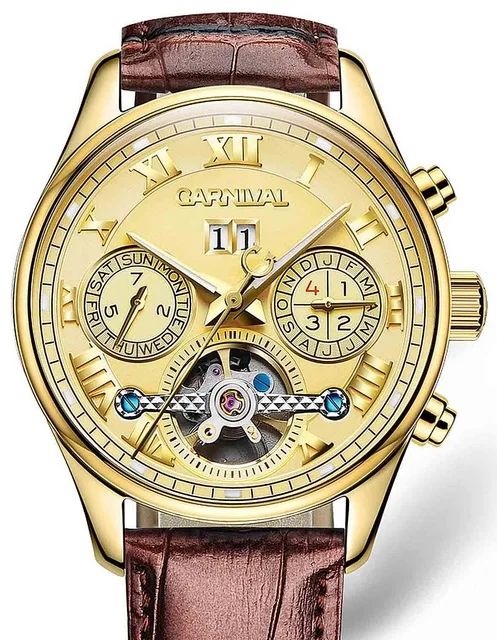 Carnival Tourbillon автоматические часы для мужчин Роскошные Золотые механические часы сапфировое стекло 30 м водонепроницаемые мужские часы reloj hombre - Цвет: leather gold