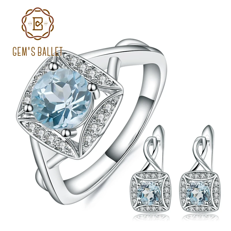 

GEM'S BALLET 1.6Ct Natural Sky Blue Topaz Rings Clip Earrings Set 925 Sterling Silver Gemstone Brand Fine Jewelry For Women Gift