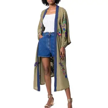 

Embroidered Kimono Kaftan Open Front Tie Waist Trench Women Beach Top Contrast Binding Summer Long Trench Coats Outwear