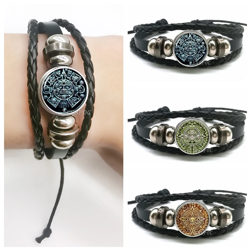 

Aztec Jewelry Aztec Calendar Mexican Glass Dome Black Multi-layer Leather Bracelet Steampunk Black Bracelet for Men Women Gift